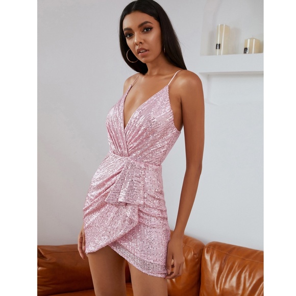 Deep V Pink Sequin Draped Mini Dress - Picture 2 of 15